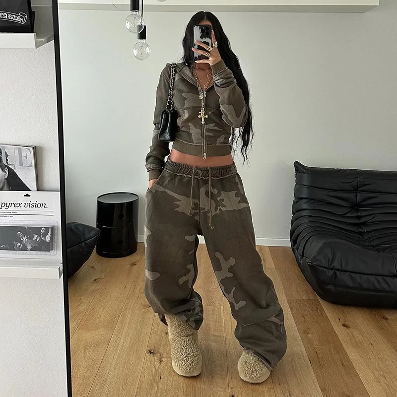 

Camouflage Contrast Color Hooded Zip Sweatshirt Loose Fit Sweatpants Women's Casual Two Piece Set