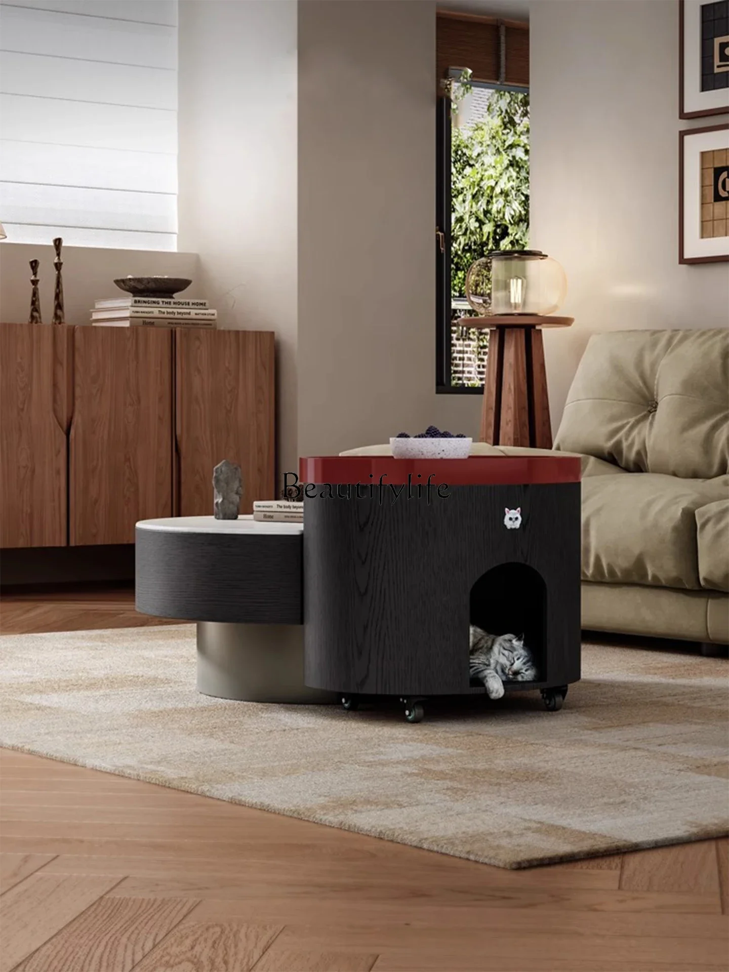 

01Italian minimalist coffee table small apartment living room household round coffee table combination