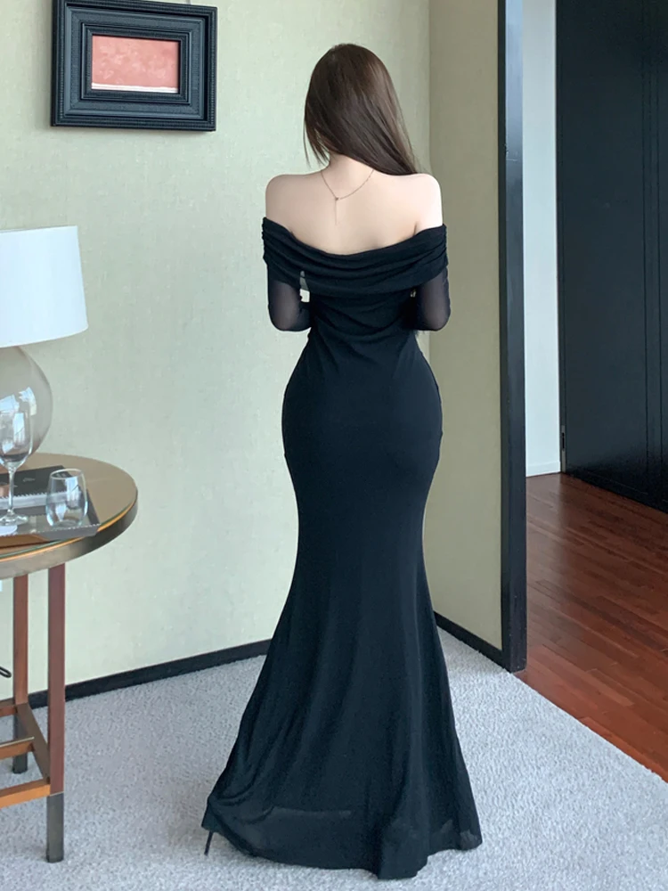 セクシーなY2Kスラッシュネックレースピンクボディコンドレス、黒のウエストシェイプ、ふわふわ袖のペンシルマーメイドヘムドレス、パーティー、プロム、ベスティドス、ローブ