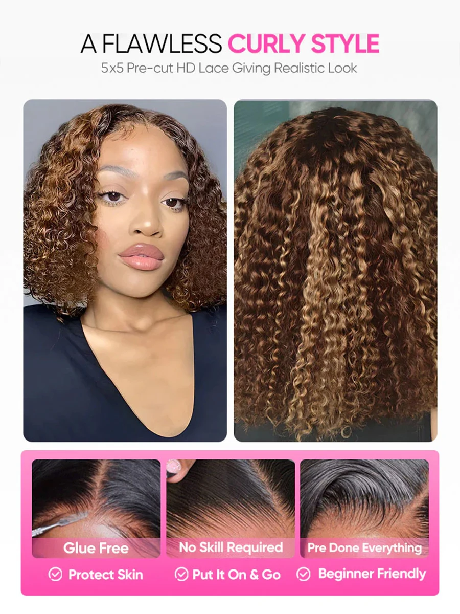 Peruka Bob Krótka Kręcona z Pasemkami Koloru 4/27, Głęboka Fala, Peruka typu Lace Front 5x5, Brazylijskie Włosy 100% Ludzkie, Peruka Bob typu Lace Frontal z Włosami Water Wave