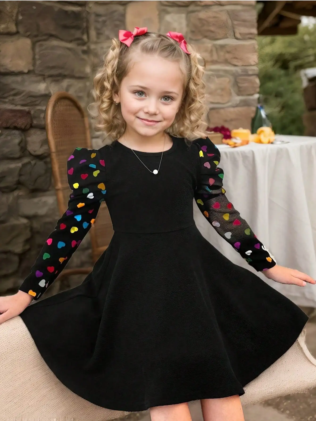 Elegantes, dehnbares, langärmliges Kleid mit herzförmigem Aufdruck und Rundhalsausschnitt und Rüschenkante für Kinder. Bunte Freizeitkleider für Kinder – Detail 6