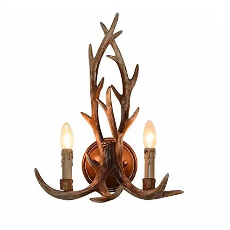 Rustic Retro Resin Antler Wall Sconce 2 Light Fixtures Lamp American Country Wall Light Deer Horn candle Lampshade 110-240V