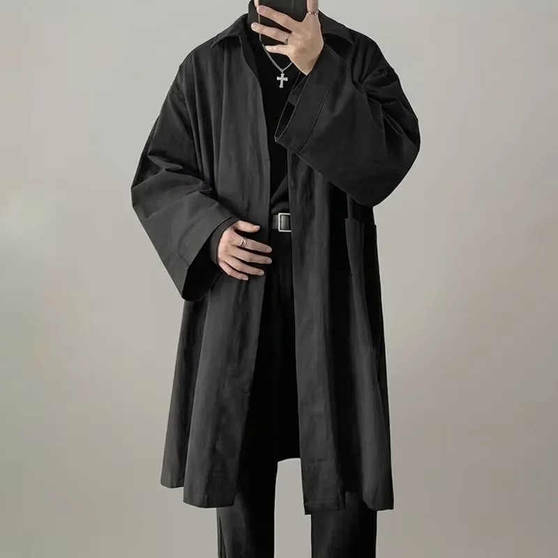 Men's Thin Mid Length Trench Coat Jackets Korean Style Spring Fashion Turn Down Collar Large Pocket Loose Overcoat Windbreaker