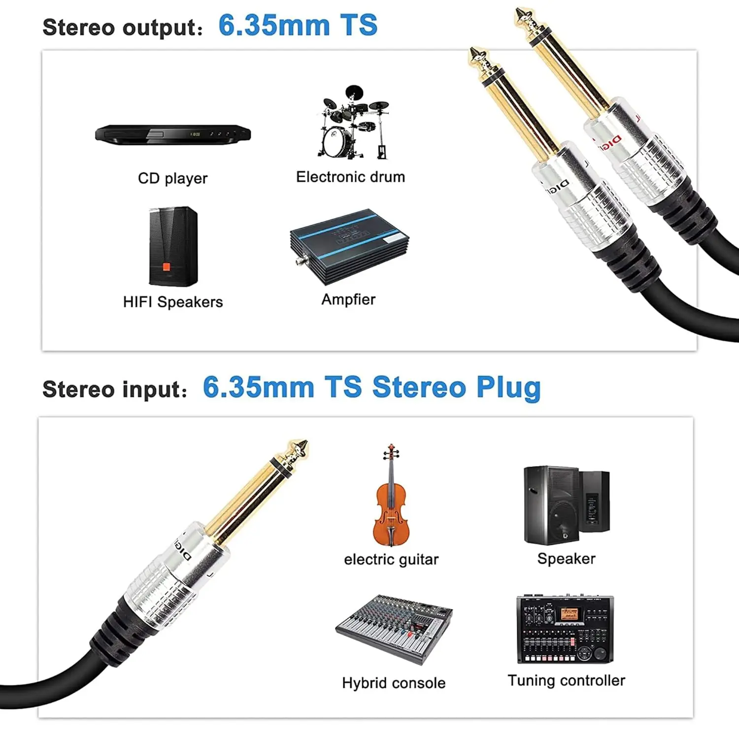 Metal Shell Gold-Plated 1/2 6.35mm Mono To 2 6.35mm Male And Female Audio Speakers Y-Shaped Extension Cable