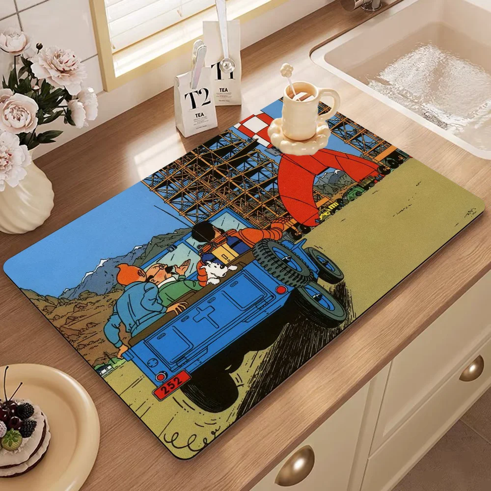 Tintins Adventures Absorbent Drain Mat Countertop Dry Mats Printed Coffee Machine Draining Pad Kitchen Table Tableware Placemats