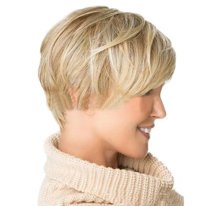QQXCAIW Short Blonde Wig with Bangs Blonde Wigs for White Women Fluffy Synthetic Hair Womens Wigs