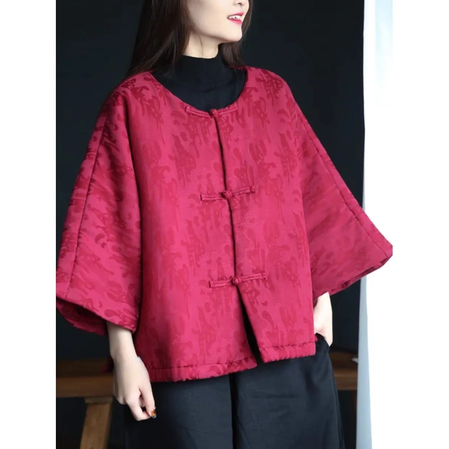 

Retro Floral Embroidery Cotton Linen Jaet Button up Warm Ethnic Sle Coat Large Size Cotton Clothes round Ne ort Length