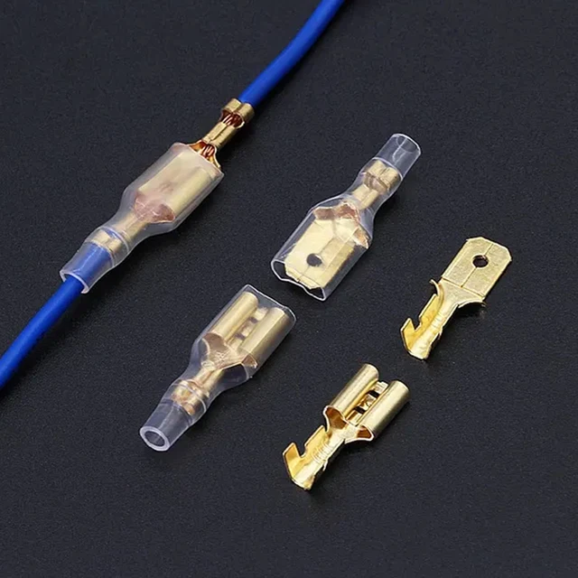 100 sztuk/partia złącza przewodów elektrycznych 2.8/4.8/6.3mm żeńskie i męskie złącze zaciskowe złoty mosiężny/srebrny głośnik samochodowy
