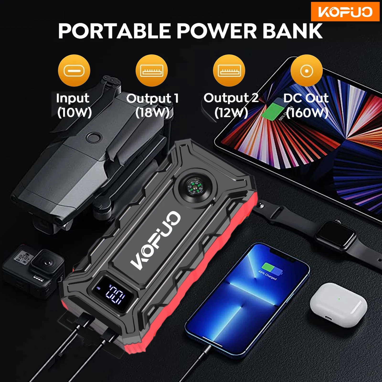 بنك الطاقة KOPUO 5000A للسيارة Jump Starter لغاز 10.0 لتر/ديزل 8.5 لتر، مصباح LED ثلاثي الأوضاع، بوصلة، استخدام في حالات الطوارئ بدرجة حرارة منخفضة