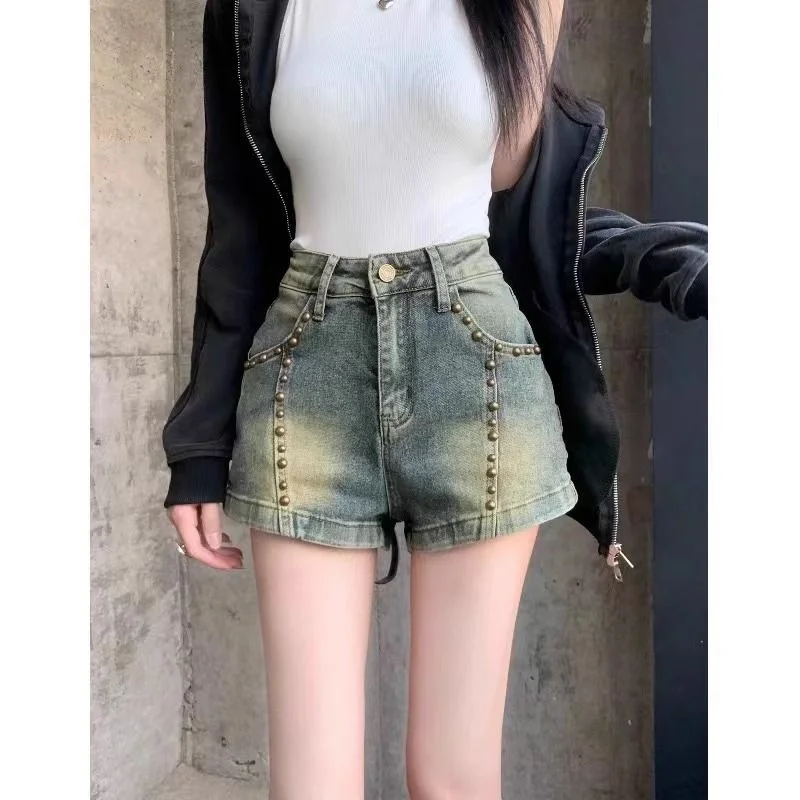 핫걸 디자인 리벳 스트레치 데님 여성용 신상 스몰 레트로 하이웨이스트 슬리밍 반바지