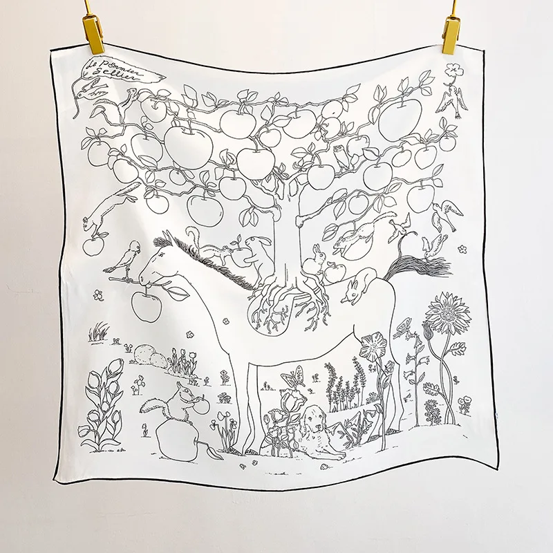 100% MULBERRY SILK 70x70cm Fairy Tale Horse Apple Tree Square Scarf Colorful Animal Floral Neck Head Bandana Women Travel Gift