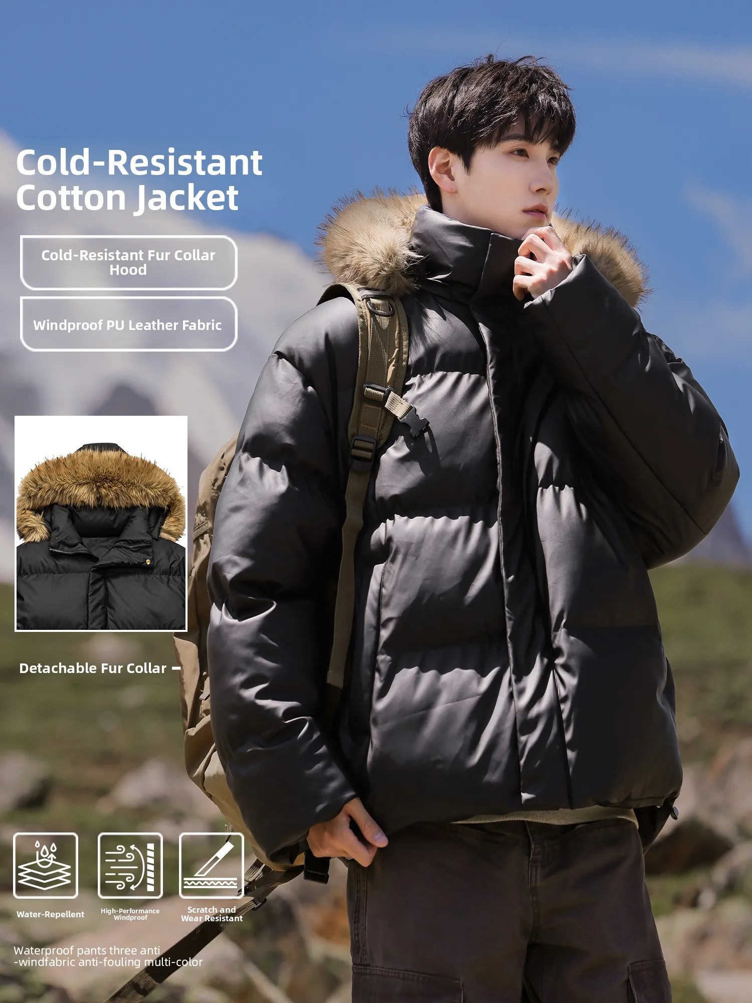 الرجال مقنعين Thiened الشتاء القطن Jaet بولي ياقة ياقة جلدية عادية Faion الدافئة الشباب سستة الديكور معطف طويل Sve