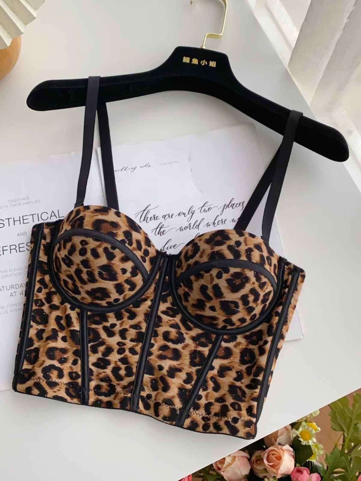 Foamlina-corsé con estampado de leopardo y lentejuelas para mujer, ropa interior corta Sexy, sujetador, chaleco con almohadillas para el pecho para baile en discoteca