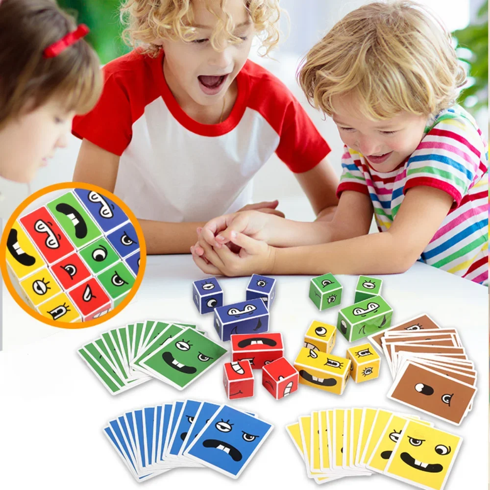 Montessori 3D Face Changing Building Blocks Board Game Wood Puzzle Expression Wooden Blocks for Children Kids Toys Gifts