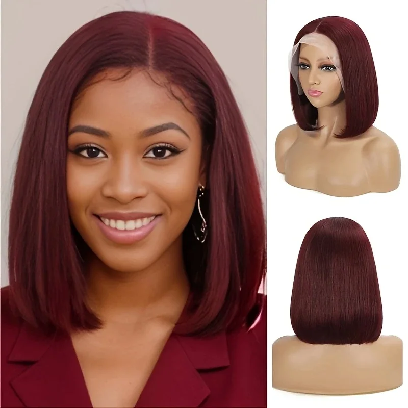 

200 Density Straight Bob Wigs 99J Burgundy Color 100% Human Hair 13x4 HD lace Bob Wig Brazilian Straight Lace Front Human hair