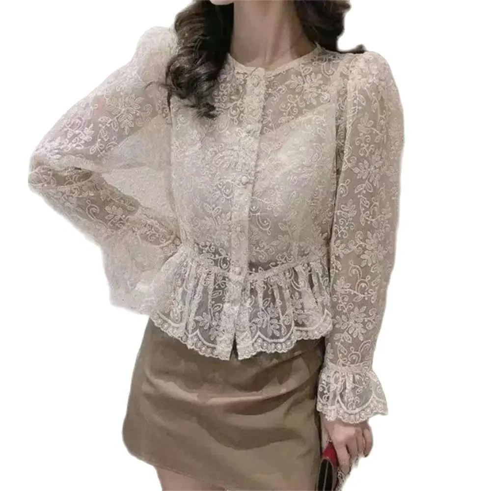 

Women Spring Autumn Tops Style Lace Blouses Puff Sleeves Shirts Lady Casual Long Sleeve O-Neck Solid Color Blusas Clothing