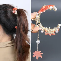 Fashion Ancient Style Maple Leaf Hair Clip Clip Vintage Ponytail Clip Small Clip Pearl Fringe Hair Accessories 2022 New