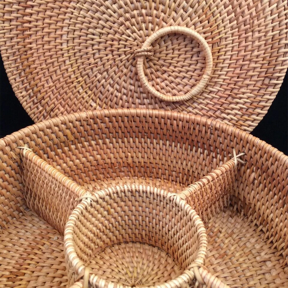 

Round Handmade Rattan Woven Storage With Lid Large Size 5 Compartments For Fruit Food Picnic Organizer Home Decoration Kitchen