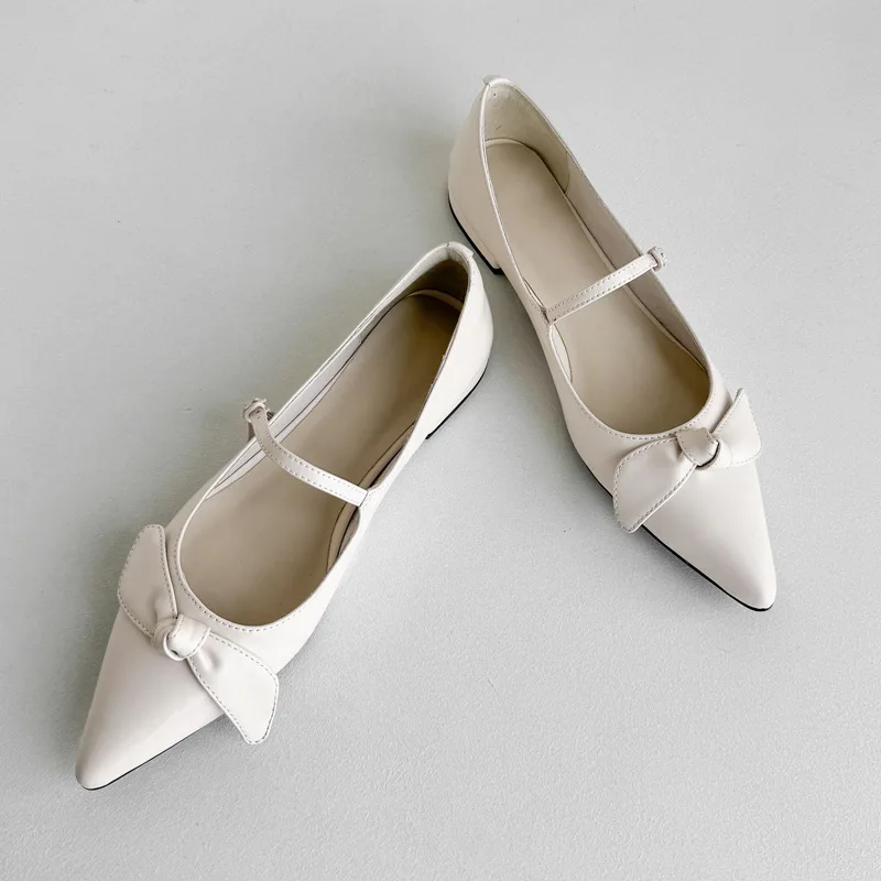 

2024 Spring Bow Elegant Pointed Sheepskin Mary Jane Women's Shoes with Low Heel Inner and Outer Full Leather Strap Single Shoes