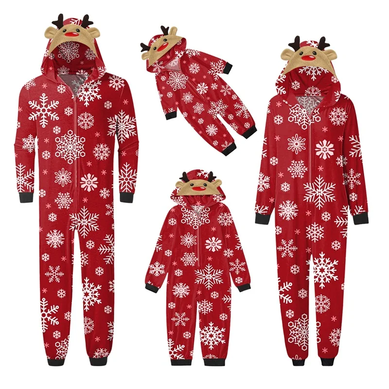 Matching Family Christmas Pajamas Set with Long Sleeve Zip Hooded Romper Sleepwear for Casual Holiday Gatherings