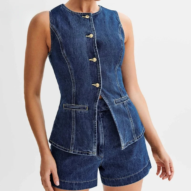 Suits for Women two piece set O Neck Sleeveless denim 2 piece set 2024 summer outfit Office vacation TOP High Waist shorts sets