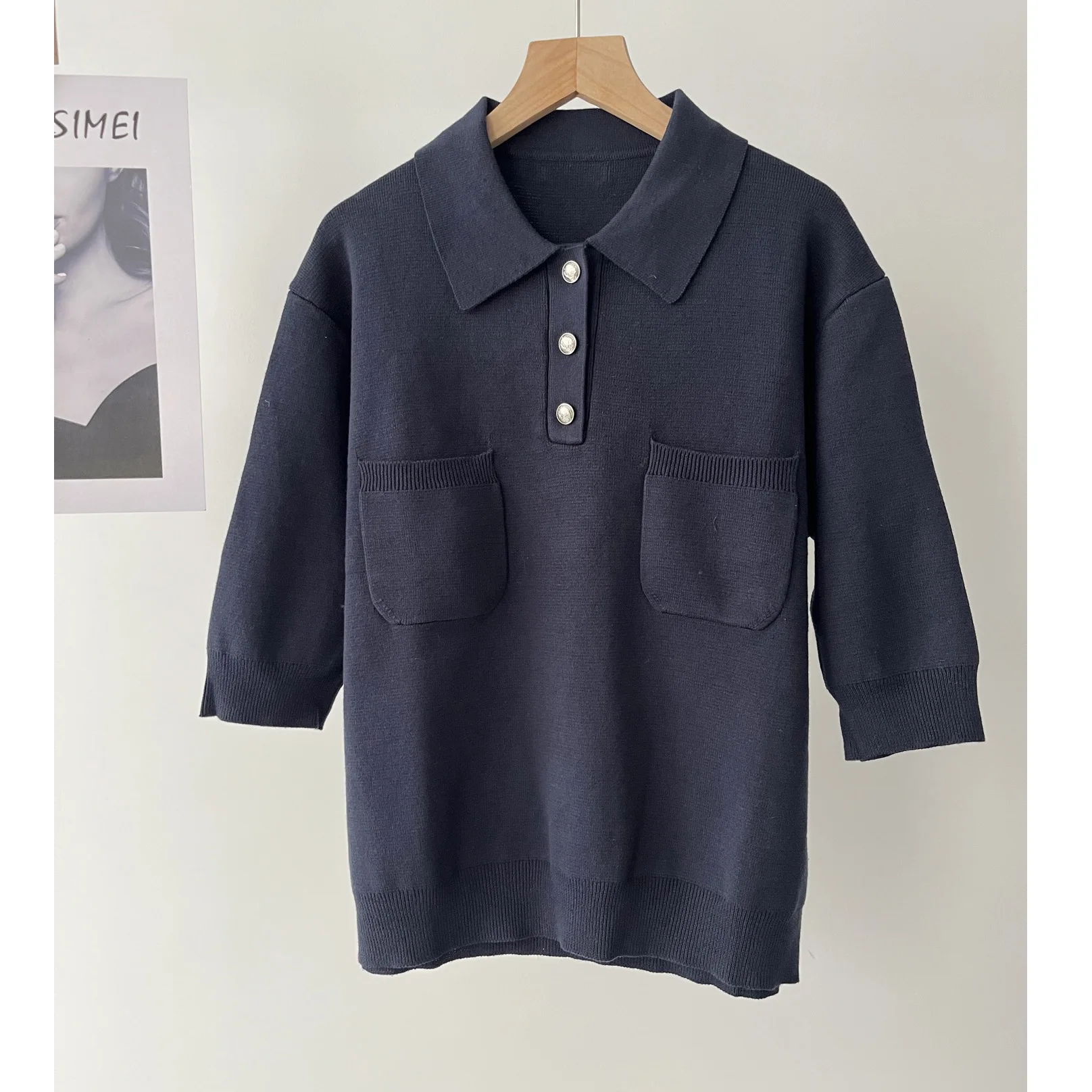 

Women's Smart Style Retro Lapel Medium Sleeve POLO Neck Knitted Sweater Short Sleeve Autumn 16a-1756