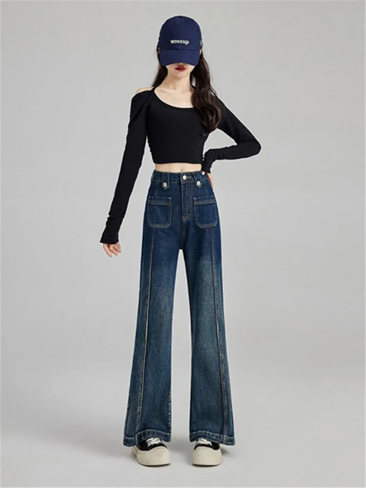 Pantaloni in Denim svasato a gamba larga da donna per la primavera autunno donna per il tempo libero elastico a vita alta gamba dritta Jeans elasticizzati con tasca alla moda