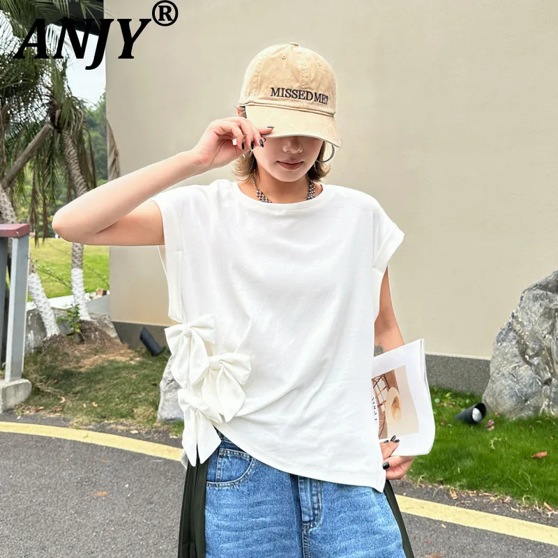 

ANJY Новая летняя женская футболка в корейском стиле, однотонная, с асимметричным бантом, нишевый дизайн, с коротким рукавом, трендовая, свободная, повседневная, A21833