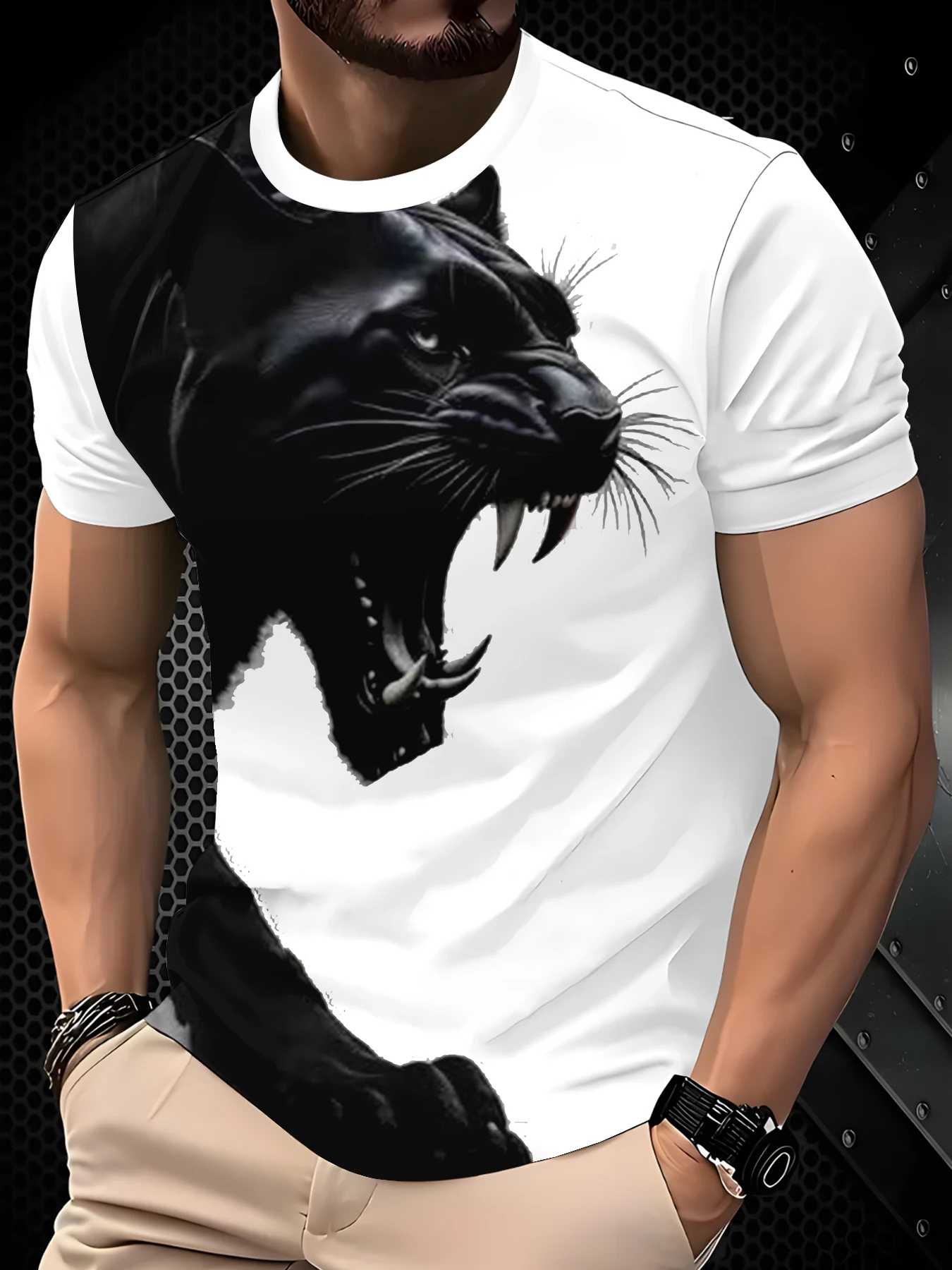 Men Solid White Tee Large Black Predator Cat Head Partial Graphic Crew Neck Short Sleeve T-Shirt