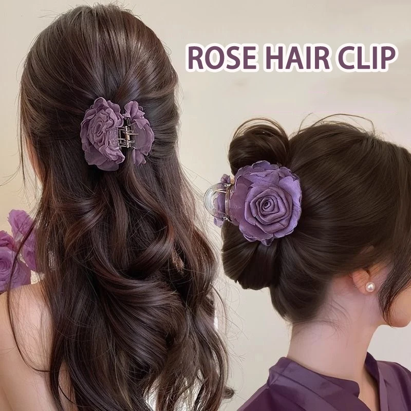 

Rose Flower Hair Clip for Woman Elegant Shark Clip Claw Fashion Camellia Floral Barrette Girl Ponytail Hair Clamp Headwear