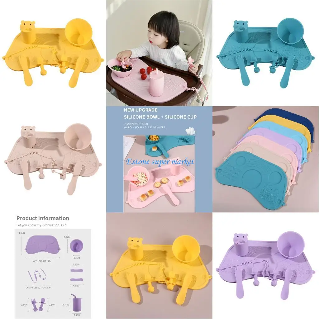 

090B Toddler Feeding Essential With Suction Silicone Mat Includes Unbreakable Bowls Spoons Forks Cups Friendly Straws