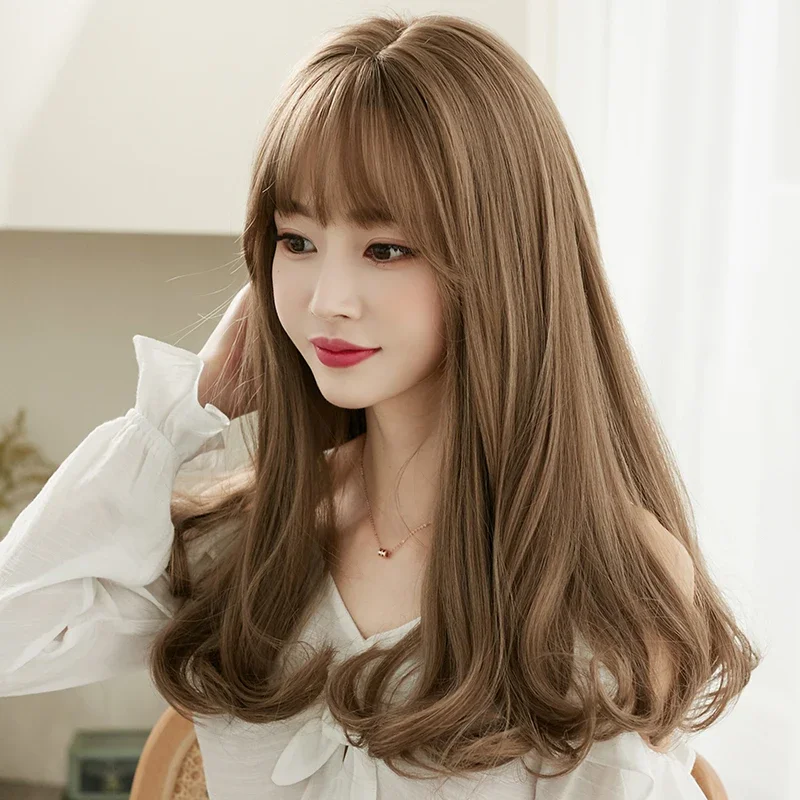 7JHH WIGS Long Loose Body Wavy Honey Blonde Wig for Women Daily Use High Density Synthetic Layered Hair Wigs with Curtain Bangs