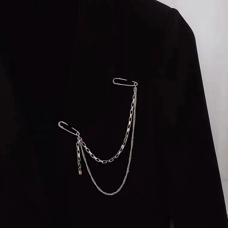 Fashion Double Pin Chain Brooch Women Men Suit Tassel Pins Trendy Punk Metal Chest Chain Brooches Jewelry Accessories Girls Gift