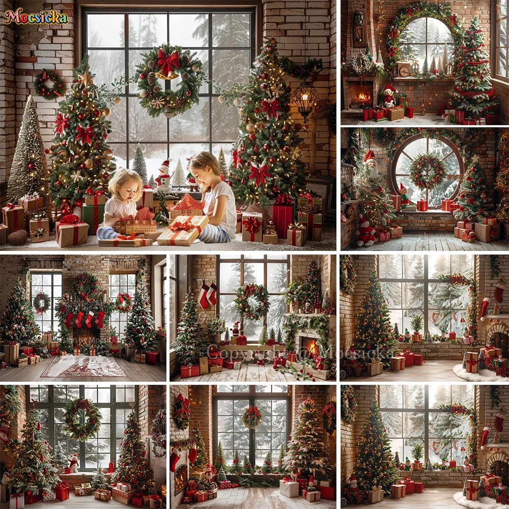 

Christmas Window Photography Background Retro Brick Wall Fireplace Xmas Tree Gift Backdrop Photo Booth Kids Family Winter Photo