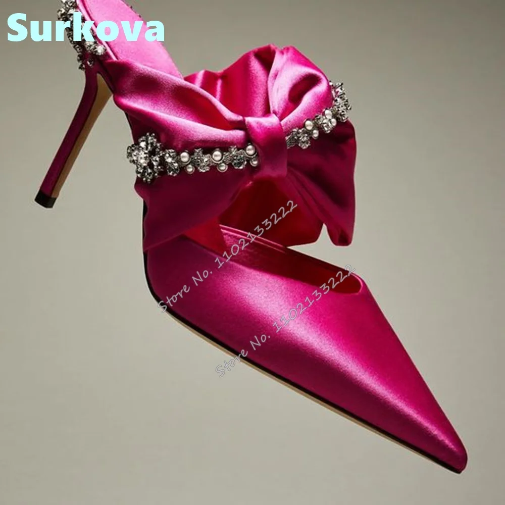 

Pink Satin Mules Pointed Toe Butterfly Knot Rhinestone Bordered Thin High Heels Solid Stilettos Summer Elegant Shoes Designer