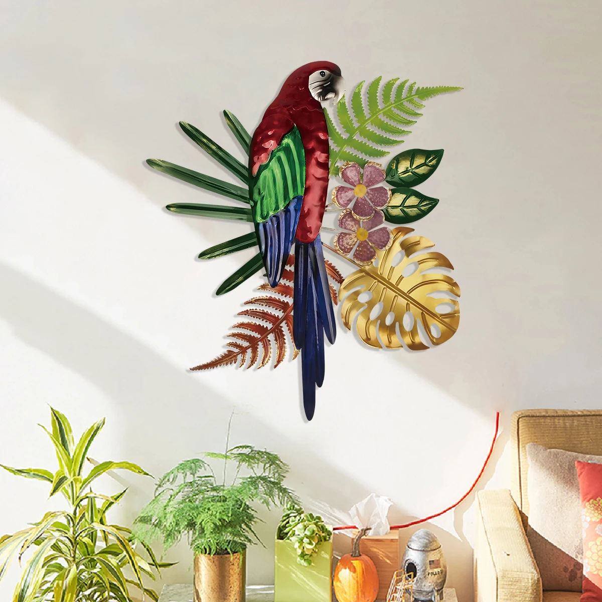 1PC Metal Wall Art Decor Colorful Parrot Wall Hanging Decor Leaf Room Decorations Accessories for Bedroom Bathroom Living Room