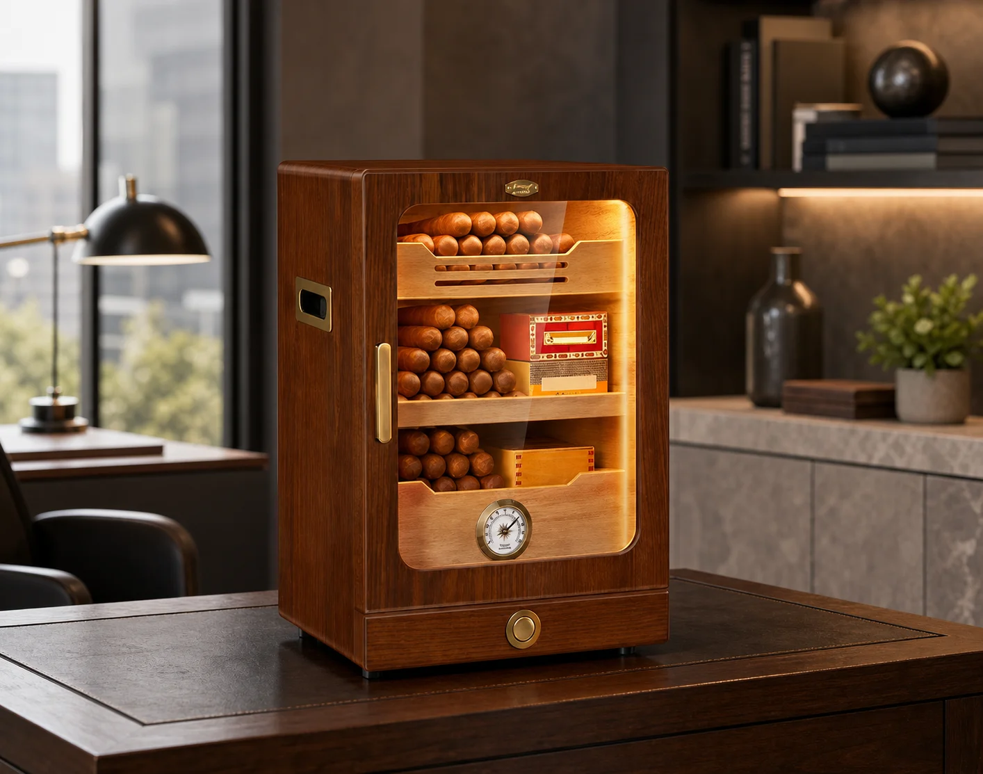 Spanish Cedar Cigar Humidor Cabinet for 100-150 Cigars with Glass Door, Adjustable LED Light, Hygrometer and 3 Humidifiers