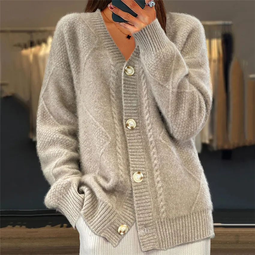 Fashion 2024 autumn and winter new item solid color long sleeved V-neck knitted cardigan breasted jacquard sweater jacket