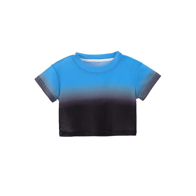 Haut court en maille semi-transparente pour filles, ensemble Hip Hop, t-shirt bleu, pantalon cargo Wstring de proximité, vêtements de costume de danse jazz pour enfants