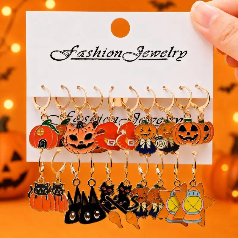 10 Pairs Halloween Dangle Earrings Set, Pumpkin Cat Witch Hat Lantern Drop Earrings for Women Party Costume Gifts