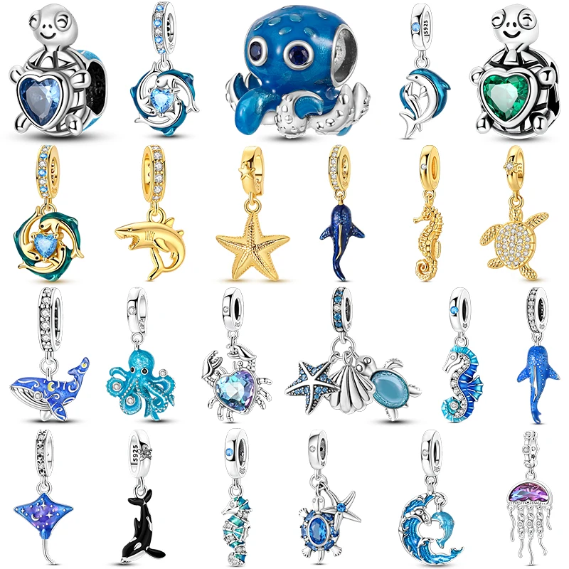 925 Silver Blue Ocean Animal Charms Beads For Women Fit Bracelet Marine Sea Life DIY Jewelry Turtle Dolphin Octopus Series