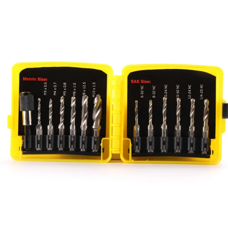 

Набор композитных метчиков с шестиугольной ручкой, 13 предметов, с желтым футляром для хранения деталей инструментов для сверления/нарезки/десбюрации/погрузки