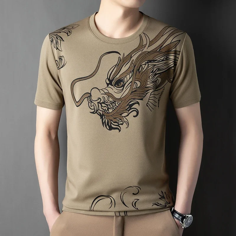 Top de manga corta informal de cuello redondo de seda fría fina de verano para hombre