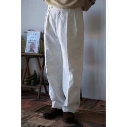 Second Order Cotton Linen Pleated Trousers White Men Informal Pants Straight Fit