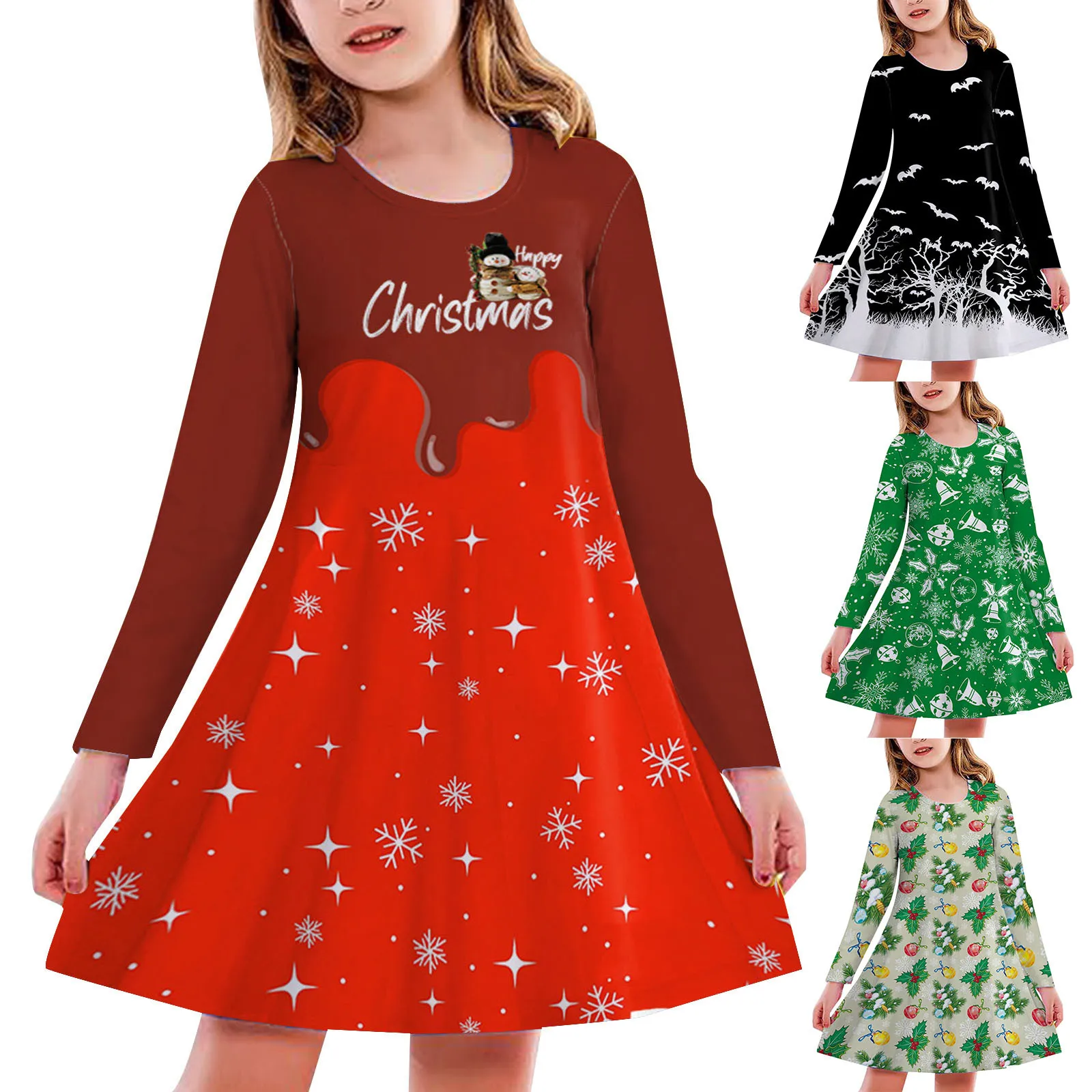 

2024 New Year Party Dress for Kids Girl Full Printing Xmas Elk Snow Man Cartoon Vestidos Long Sleeve Casual Baby Girl Cute Dress