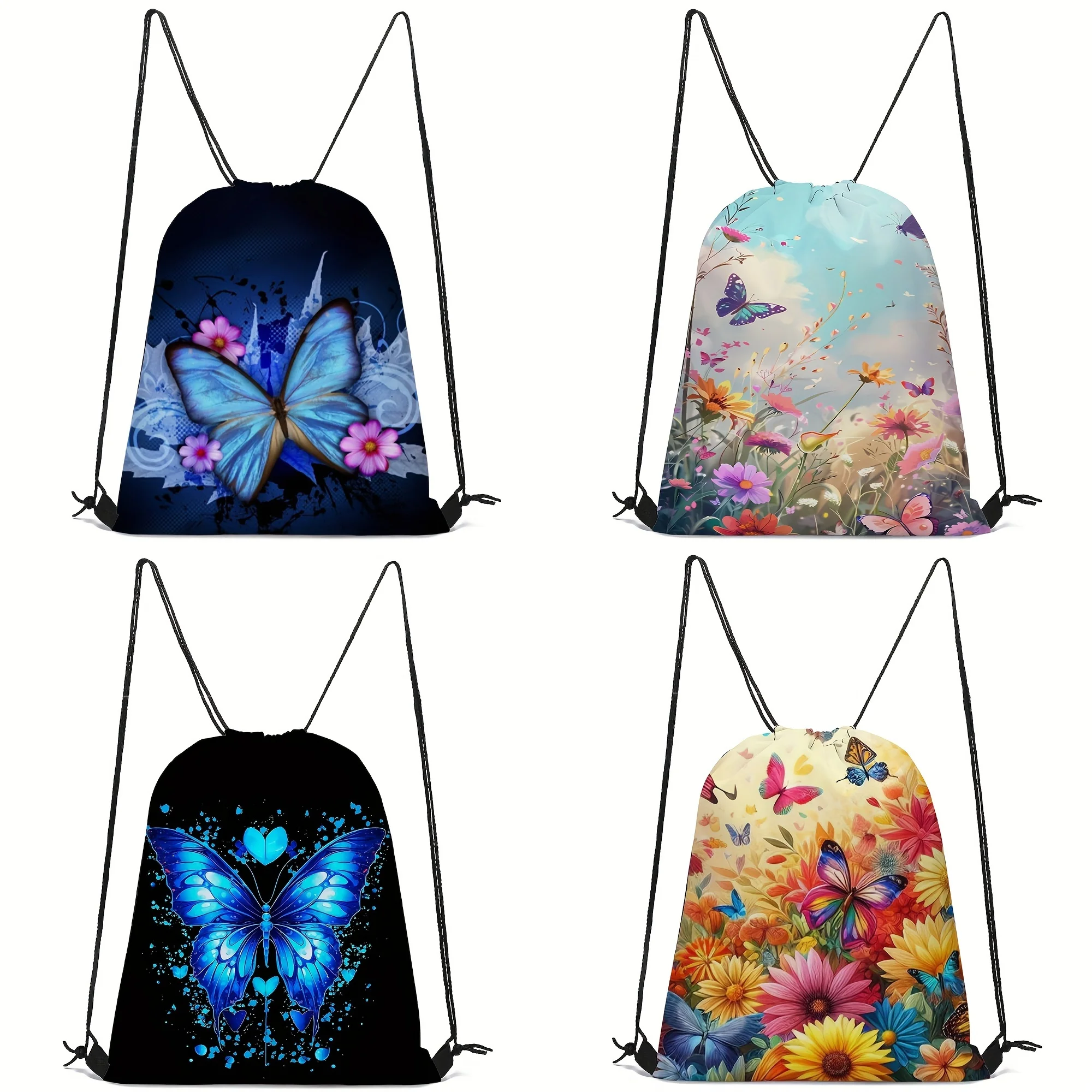 Butterfly Print Drawstring Bag for Women, Lightweight Gym Sack Backpack, Cute Casual Sports Backpack for Beach Travel Shopping