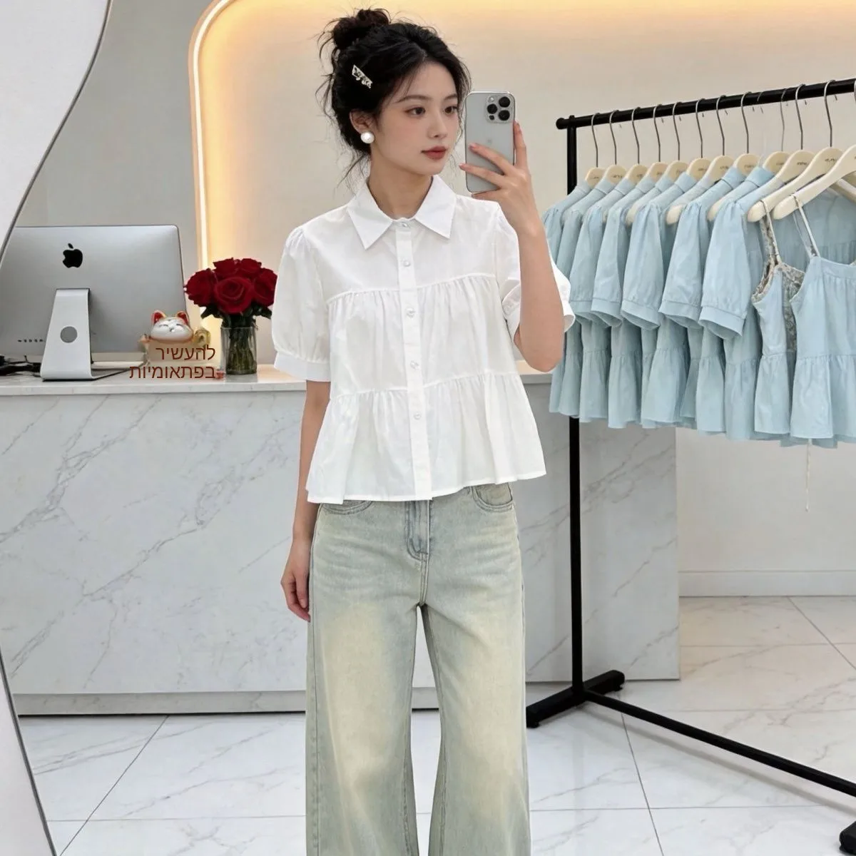 

Summer Casual Korean Style Shirt Pure Color Collar Doll Top Versatile Short Sleeve Women's Fashionable Classic Single Bu...