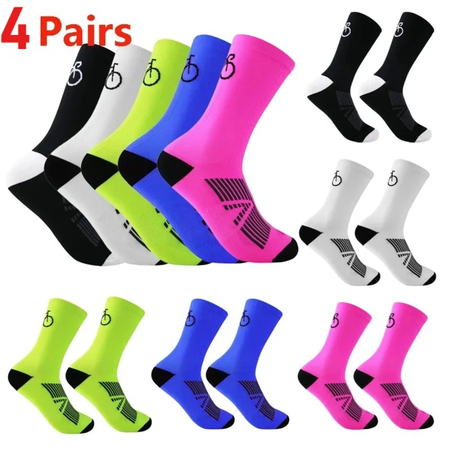 4 Pairs Cycling Socks Men‘s Breathable Mid Tube MTB Road Bike Sock Racing Bicycle Outdoor Sport Football Soccer Socks