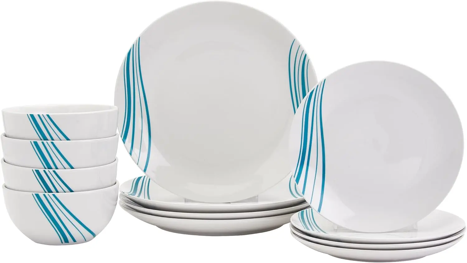 Tabletops Gallery Juego de vajilla de cerámica a rayas de 12 piezas, color blanco con platos de cocina, platos redondos para ensalada, cereales Bo