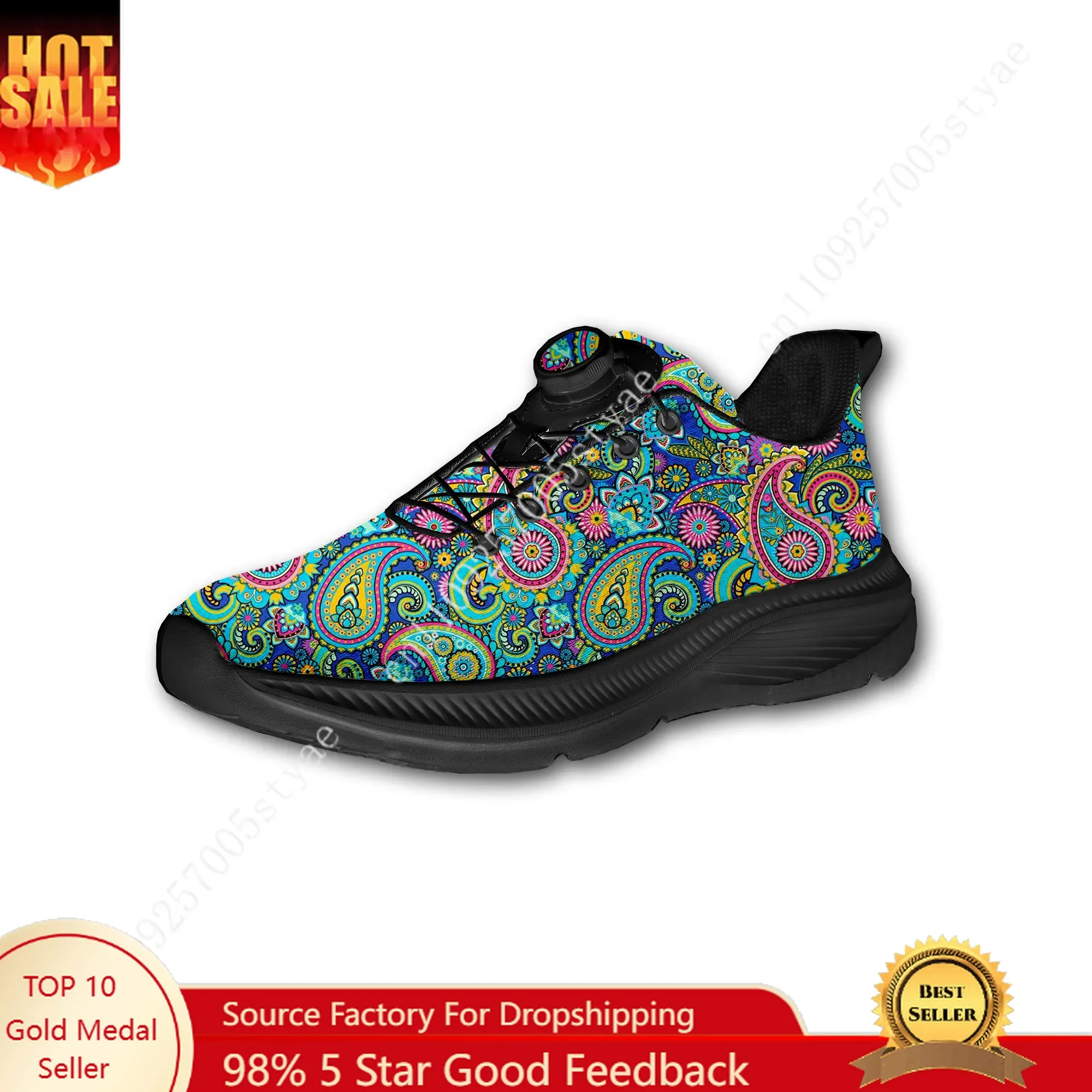 Bohemian Mandala Floral Print Custom Walking Shoes Men Woman Rotating Button Without Laces Design Lightweight Sneakers Unisex